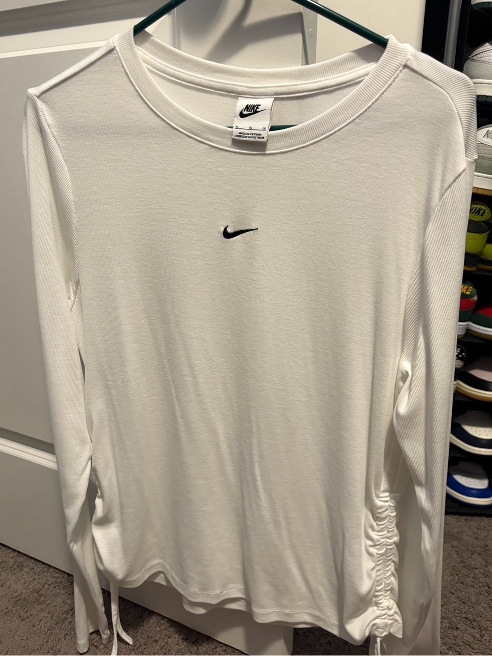 Nike Women’s White Long-Sleeve Crew with Side Drawstring Ruched Hem